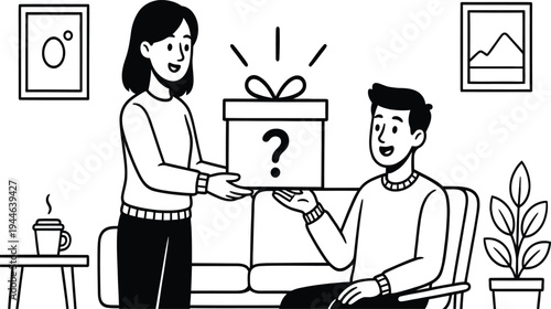 Surprise gift moment illustration, woman giving mystery present box to man in living room line art scene