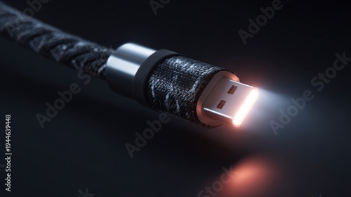 Close up of a glowing usb cable end against a dark background
