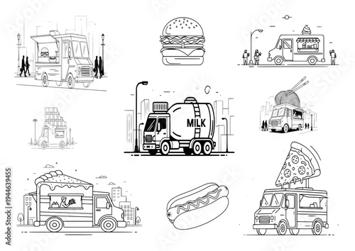 Vector Collection of Food Trucks and Street Food Icons: Pizza, Burger, Ice Cream, chocolate and Milk Delivery  in Line Art Style