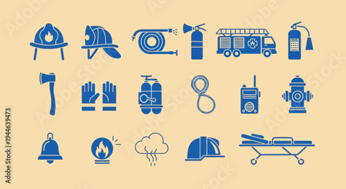 Firefighter Equipment Icons Set - Safety and Emergency Service Symbols