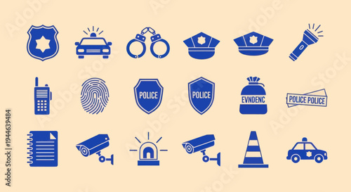 Police Icons Set: Badge, Car, Handcuffs, Hat, Flashlight, Radio, Fingerprint, Shield, Evidence