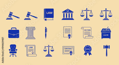 Law and Justice Icons: Gavel, Scales, Book, Court, Contract, Briefcase, Law Office