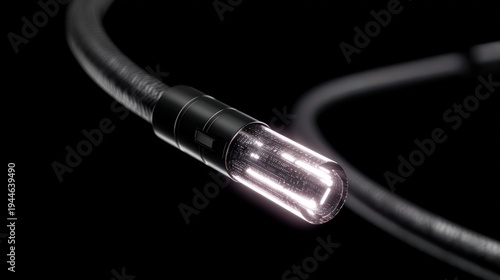 Close up of a glowing optical fiber cable against a black backdrop