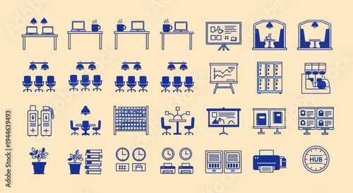 Office Icons Set: Workspace, Meeting, Technology, and Furniture - Vector Graphics