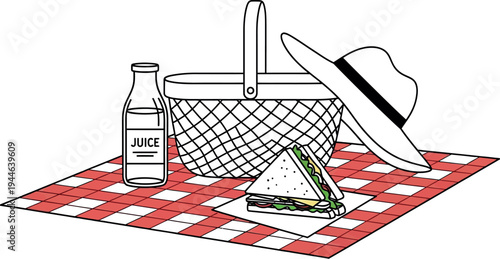 Line art illustration showing a charming picnic setup with a red checkered blanket, a classic woven basket, a refreshing juice bottle, a delicious sandwich, and a stylish hat.