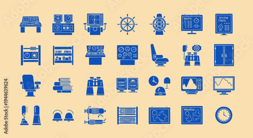 Nautical Control Panel and Navigation Icons Set - Vector Illustration