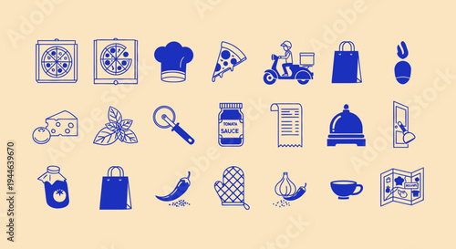 Pizza Delivery Icons Set: Food, Chef, Scooter, Order, Ingredients