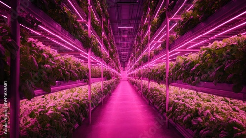 Indoor vertical farm illuminated by pink led lights for sustainable food production
