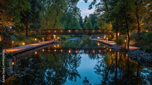 Evening illuminated bridge over calm water scenic landscape