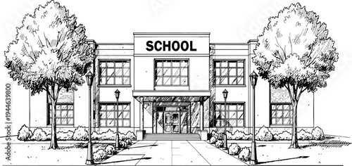 School building front view illustration with trees and entrance pathway, education institution architecture line art vector isolated background