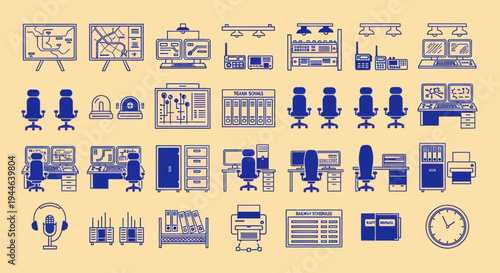 Control Room Equipment and Workspace Icons Set - Blue Line Art on Beige Background