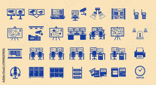 Surveillance Security Control Room Icons Set