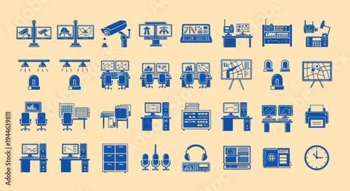 Control Room Icons Set - Surveillance, Technology, and Monitoring Equipment
