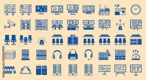 Set of surveillance and office icons, control room equipment, security and technology