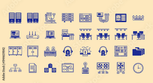 IT Data Center Technology Icons Set: Servers, Networking, Computers, and Equipment