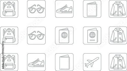 Collection of essential black and white line art icons representing travel gear including backpacks eyeglasses shoes passports jackets and an airplane.