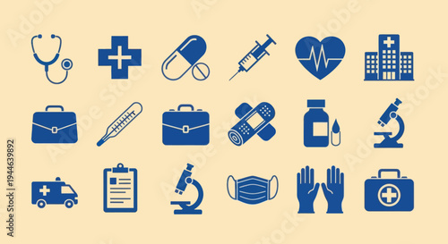 Medical Icons Set: Health Care, Pharmacy, Hospital, Doctor, Nurse, Ambulance, Syringe, Stethoscope