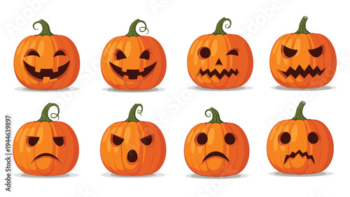 Array of eight orange jack-o-lantern pumpkins displays a wide variety of spooky and funny facial expressions for Halloween celebrations.