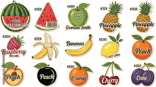 Fruit Stickers Set with Watermelon, Pineapple, Peach, Banana, and Other Fresh Fruit Illustrations