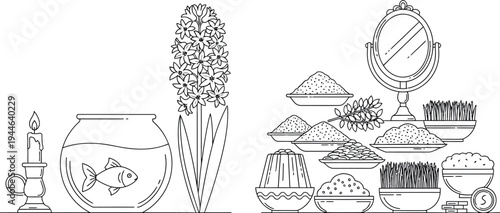 Line art illustration depicting essential elements traditionally arranged for the Haft Seen table setting celebrating Nowruz traditions