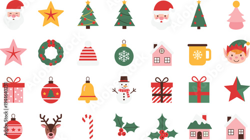 Christmas Icons Set, Santa, Christmas Trees, Gifts, Snowman, Reindeer, and Festive Decorations