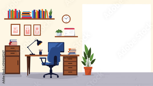 Clean home office environment offers a productive workspace with a desk and computer next to a large blank whiteboard for brainstorming.