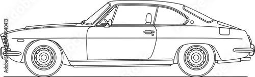 Classic two door coupe automobile drawing shows a side profile view of vintage european sports car design