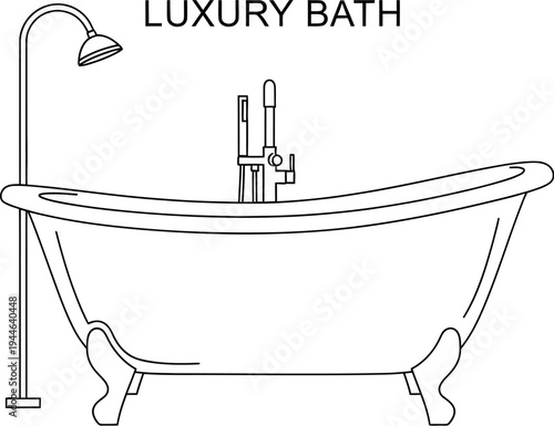 Line art illustration depicts a classic clawfoot bathtub with a freestanding shower fixture ready for luxurious bathing relaxation.