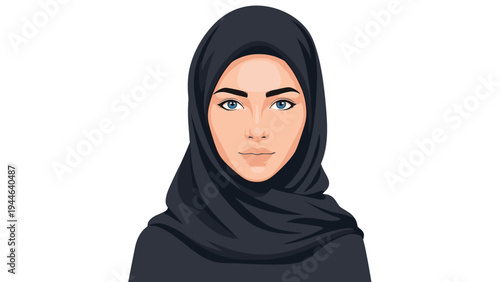 Beautiful portrait of a young woman wearing a traditional black hijab showcases her striking blue eyes in a modern vector art style.