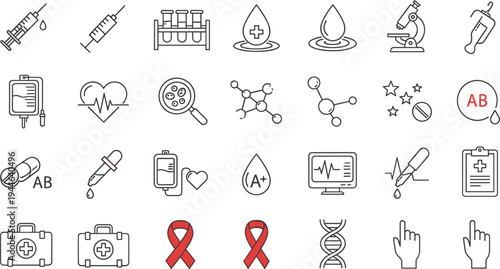 Medical and Healthcare Icons Set, Illustrations of Syringe, Test Tube, DNA, Blood Drop, and Health Symbols