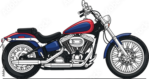 Detailed illustration of a classic American style cruiser motorcycle featuring a large V-twin engine and classic red and blue paint scheme