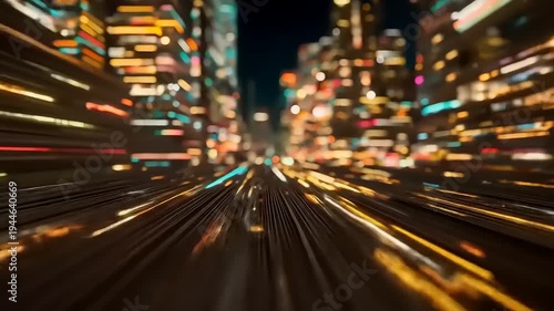 Dynamic cityscape visualization with rapid streaks of light amidst blurred building structures