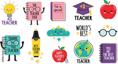 Teacher Appreciation Stickers, Cute and Colorful Design Featuring Apples, Books, and Messages for Teachers"