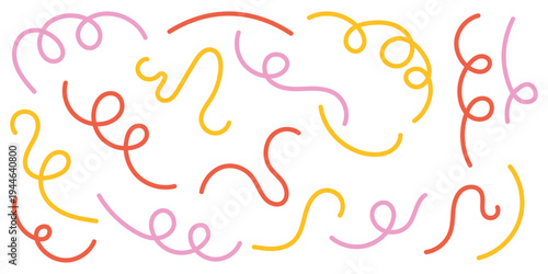 Colorful abstract doodle wavy line shapes, colorful swirls and curves line. squiggle color wave confetti, cute carnival confetti ribbons . 