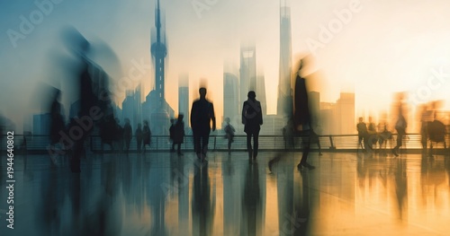 Blurred Business People Walking in Cityscape at Sunset Long Exposure