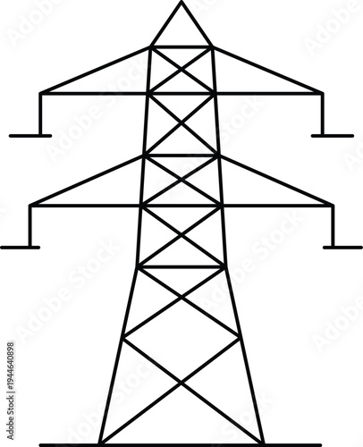 Black and white line of a tall electricity pylon structure power line tower transmission tower