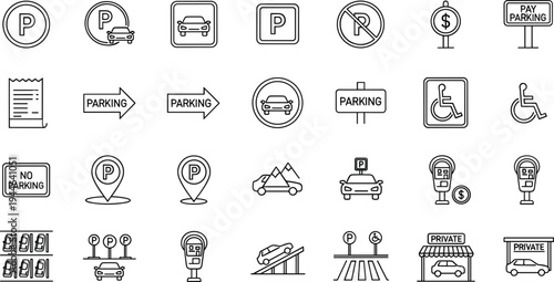 Set of Parking Signs and Icons, Including Parking Meters, Restricted Zones, and Accessible Parking Symbols