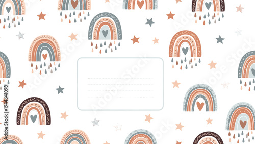 Seamless pattern features bohemian rainbows and stars in soft earth tones with a central frame for custom text or nursery invitations.