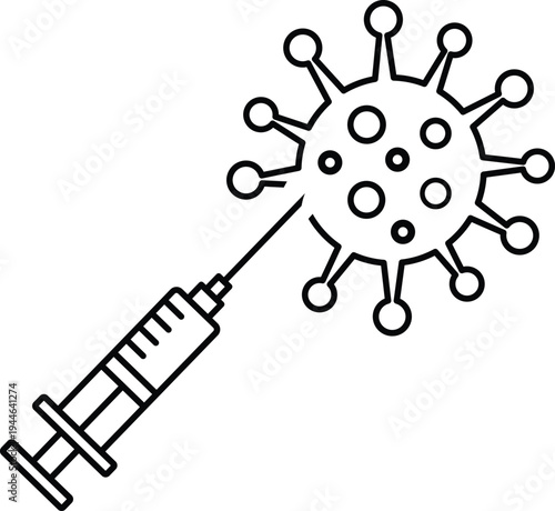 Black outline of a syringe injecting a virus particle with spikes injection medical healthcare