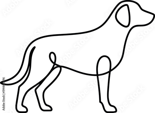 Minimalist one line drawing of a dog standing with its head up, captured in a simple black outline style, representing modern pet illustration and abstract animal art.