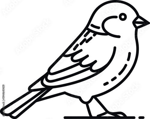 Simple black and white line art icon illustrating a small songbird standing calmly on a horizontal ground line