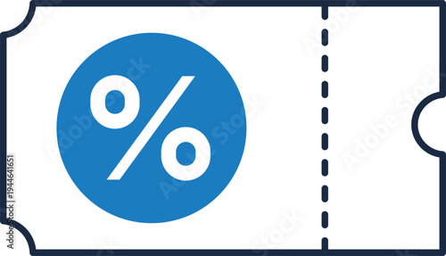 Blue discount ticket with white percentage symbol and dashed perforation line sale