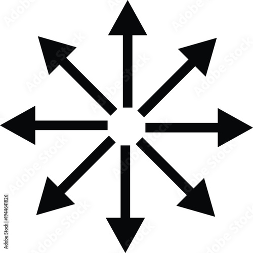 Eight black arrows radiating outward from a central white circle direction radial expansion