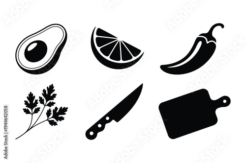 Food icons: avocado, chili, lime, knife, parsley, cutting board