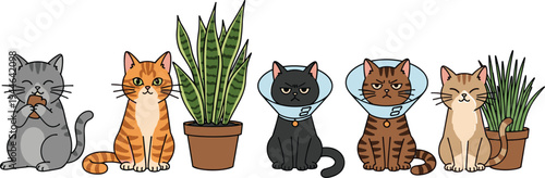 Cute Cats with Plants, Playful Cat Illustration Featuring Various Breeds and Indoor Plants"