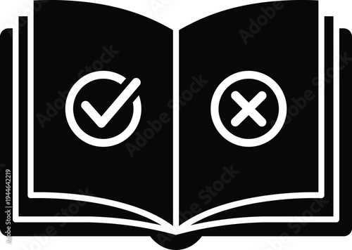Open book with checkmark and cross symbols on black background x mark