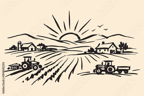 Farm landscape with tractors ink sketch vector illustration