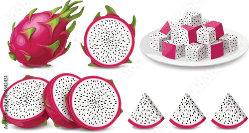 Fresh Dragon Fruit Slices and Cubes on Plate, Tropical Fruit Illustration for Healthy Eating and Food Art