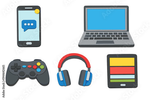 A collection of 3D rendered electronic device icons including a smartphone, laptop, game controller, headphones, and tablet, isolated on a black background for a modern digital look.