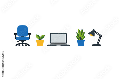 A row of flat office icons including a blue swivel chair, two potted plants, a laptop computer, and a black desk lamp, all arranged horizontally against a solid black background.